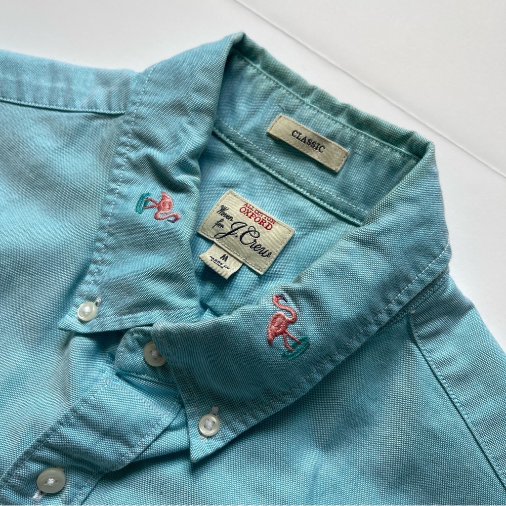 J. Crew Short Sleeve Embroidered Oxford Shirt in Light Blue with Pink Flamingos